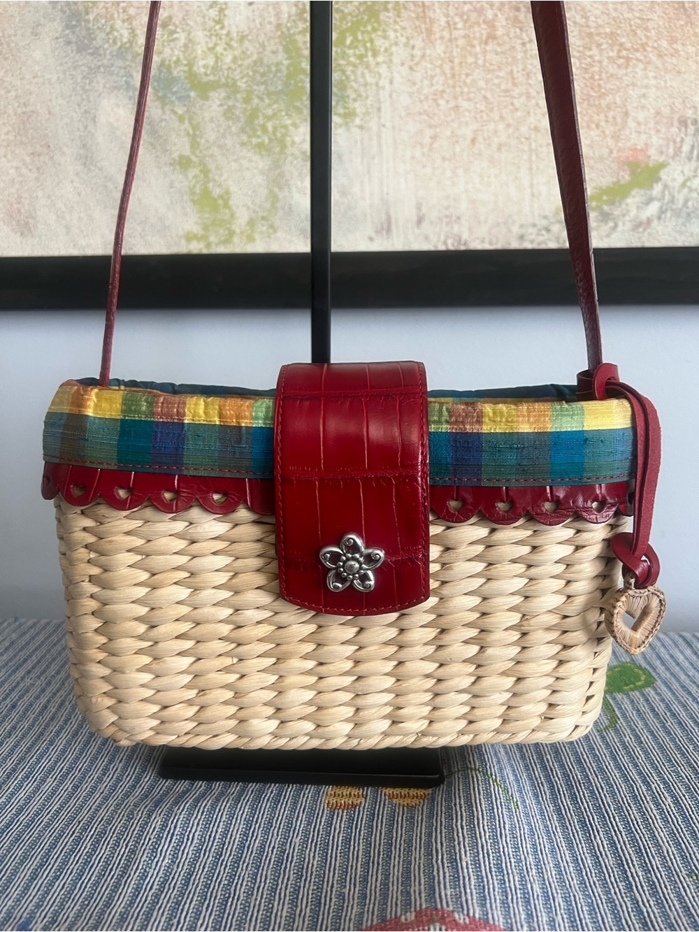 Brighton Woven Straw Crossbody Bag with Red Leather Trim and Multicolor Ribbon